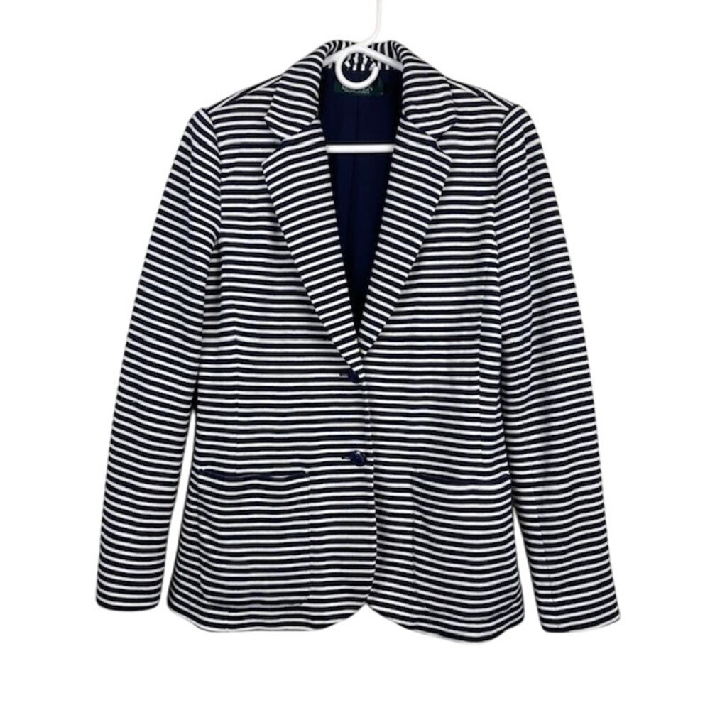 LRL Women's Knit Striped Blazer in Navy and White in Size M